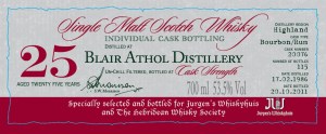 Blair Athol 25 YO 1986/2011, 53.5%, A. Dewar Rattray for Whiskyhuis & The Hebridean Whisky Society, cask 20076, rum finish, 115 bottles