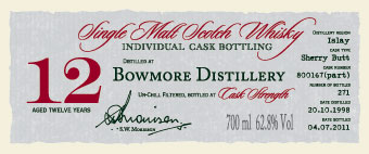 Bowmore 12 YO 1998/2011, 62.8%, A. Dewar Rattray, sherry butt #800167, 271 bottles